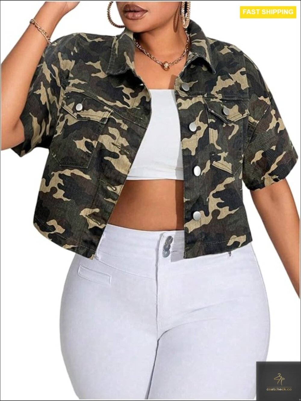 Plus Size Camo Denim Jacket Crop Short Sleeve Button Down Chic Streetwear